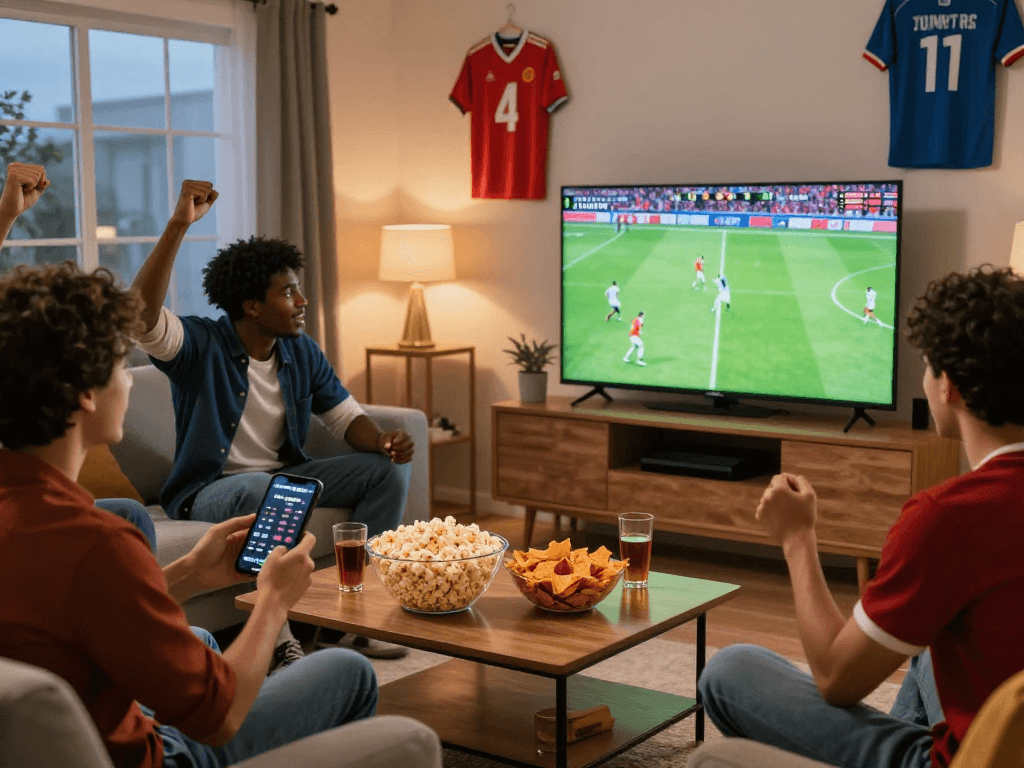 Friends enjoying a live football match on a large TV, checking stats on rakhoitv.network